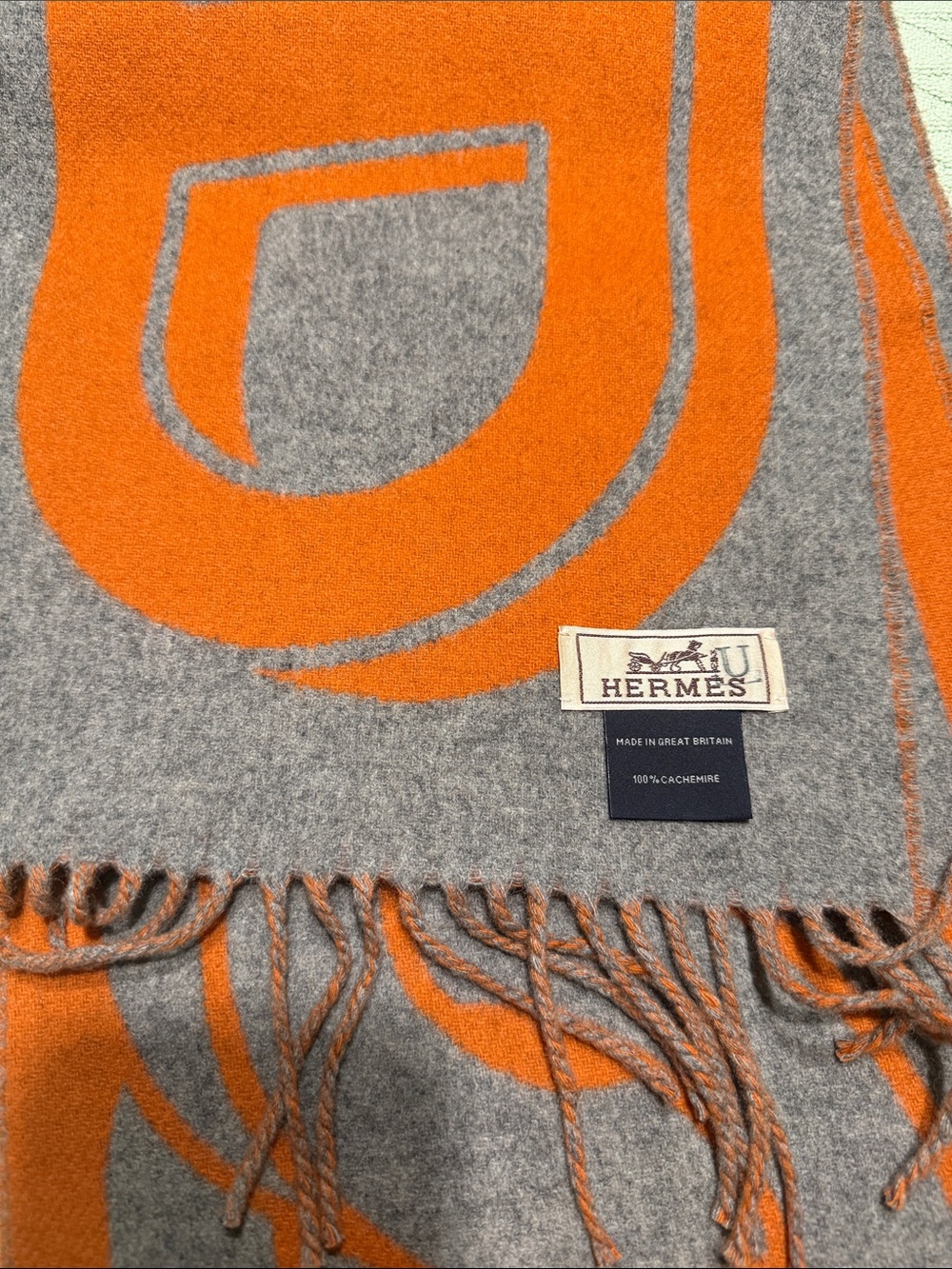 Hermès Gray and Orange Cashmere Scarf with Fringe
